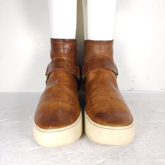 Frye Women’s Lena US6,5 Cognac Brown Leather Back Zip Harness Ankle Boots - Picture 3 of 16